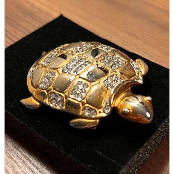 VTG Donald Stannard Turtle Brooch Gold Rhinestone Statement Pin Signed - Picture 1 of 11